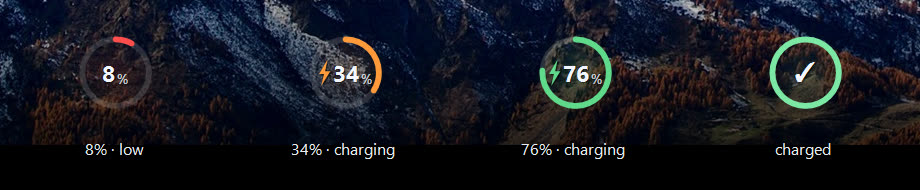 The battery halo at 8% on battery in red, 34% and 76% charging in orange and green with a bolt, and a green tick when charged