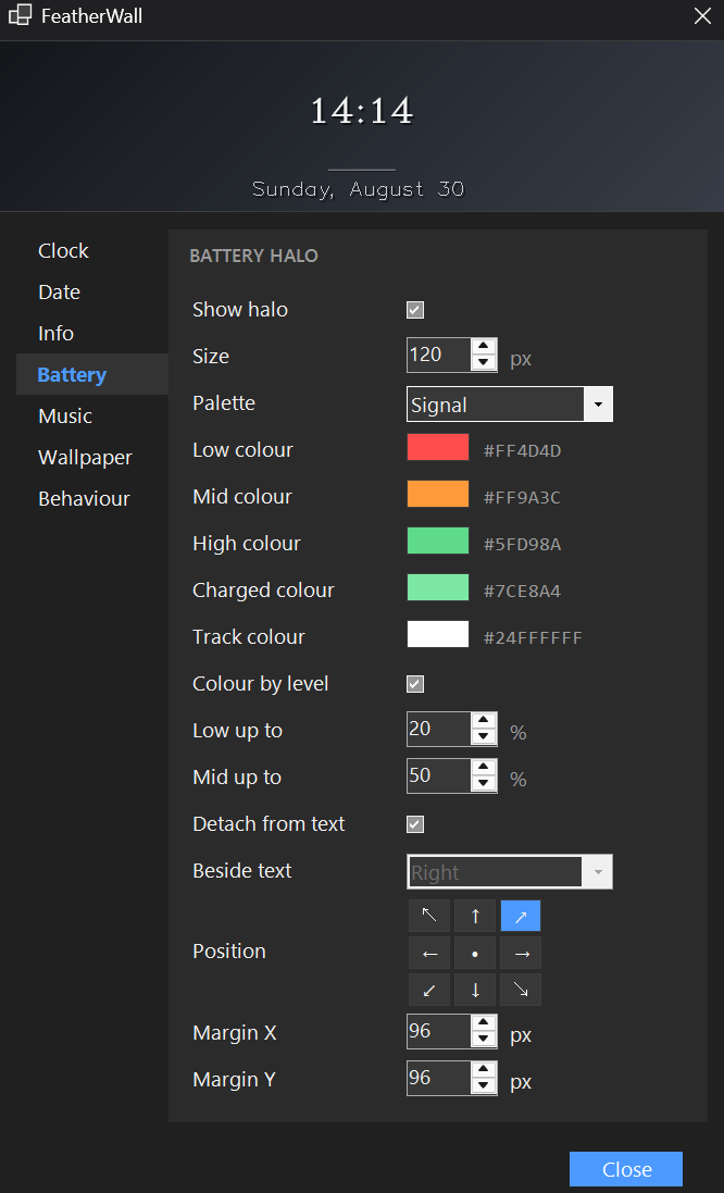 The Battery page of the settings panel: size, palette, five colour pickers, thresholds and a position grid