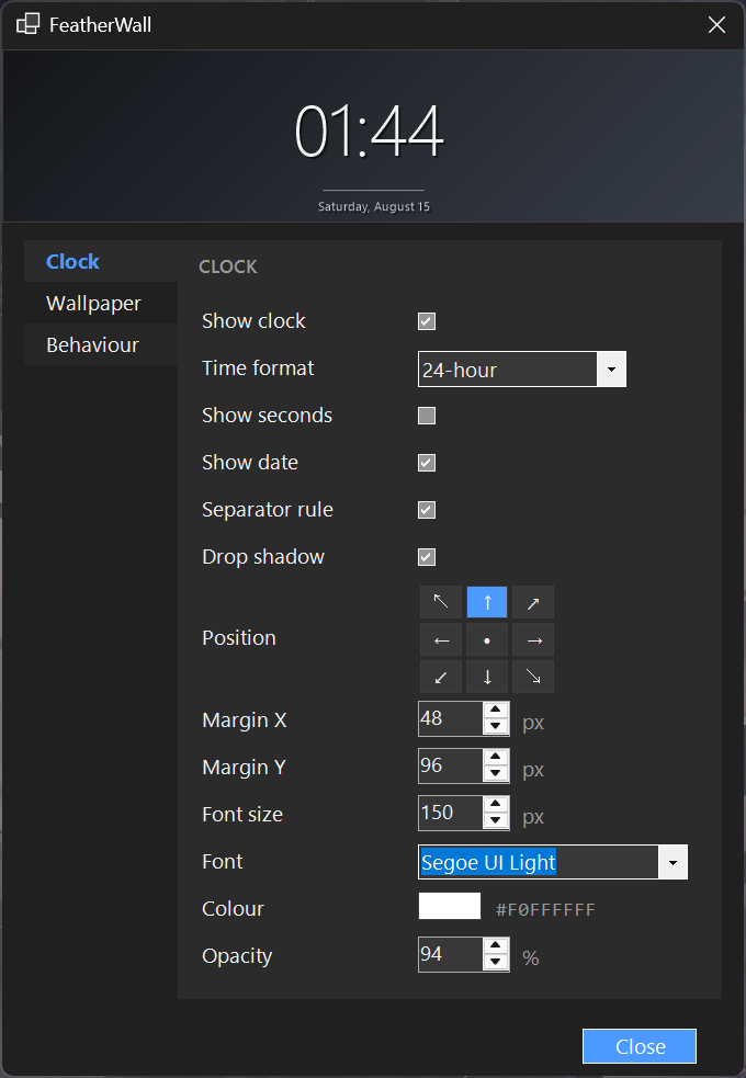 The FeatherWall settings panel showing a live clock preview