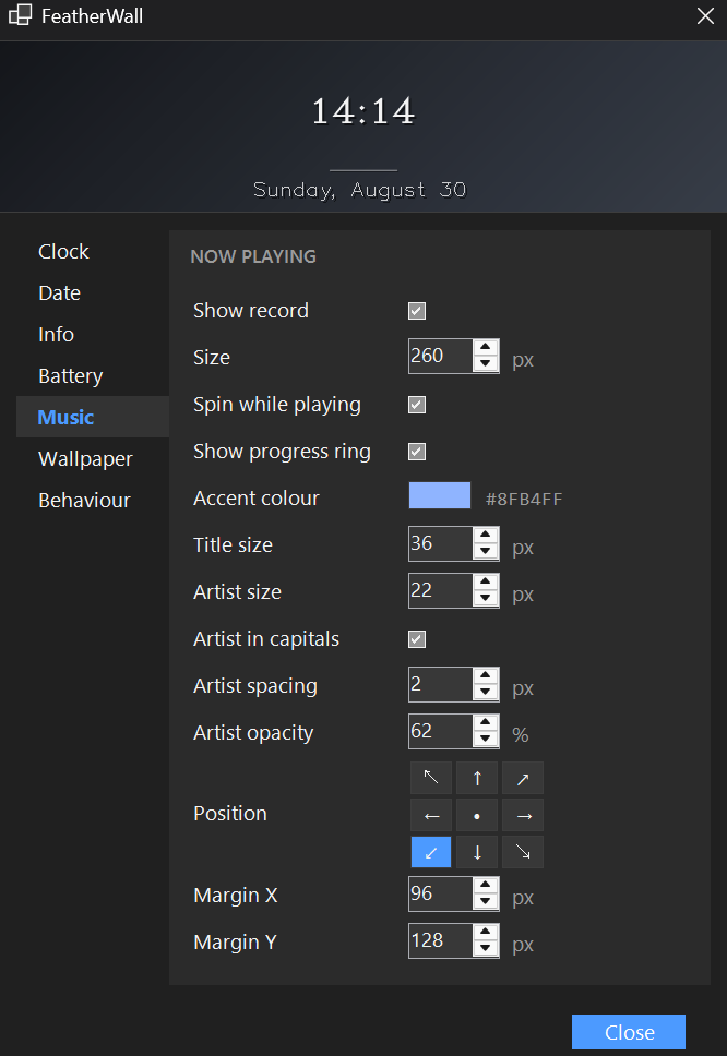 The Music page of the settings panel: size, spin and progress toggles, accent colour and typography