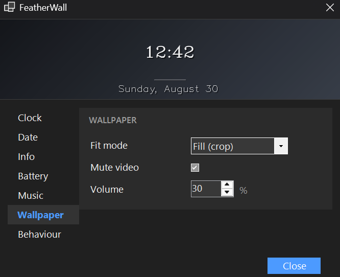 The Wallpaper page of the settings panel, showing the built-in gallery and fit options